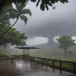 Modify the image to evoke a sudden rainstorm on Isla Nublar, with the trees swaying in the wind and rain tapping on the Visitor Center windows, while Alan Grant and John Hammond continue their meal.