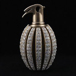 A hand grenade meticulously detailed with shining diamonds accentuating its grooves, set against a black velvet background.