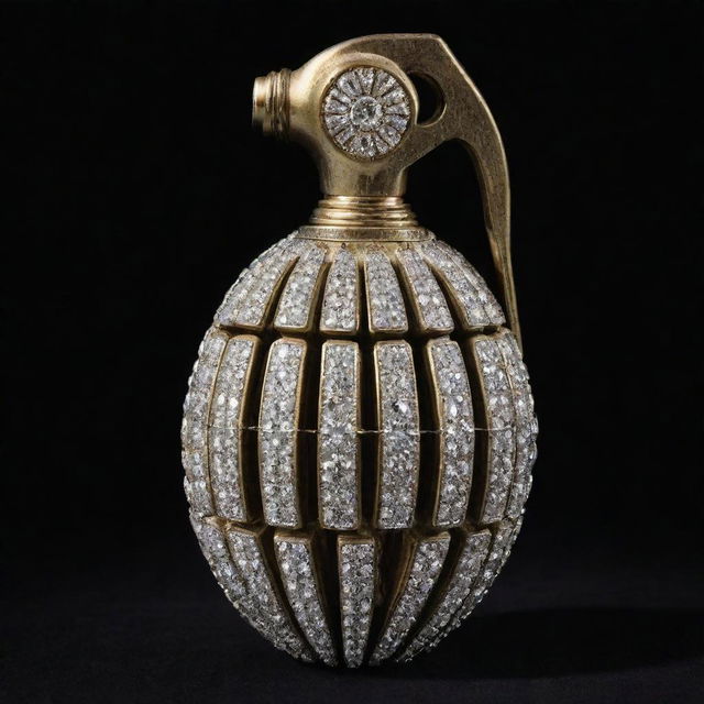 A hand grenade meticulously detailed with shining diamonds accentuating its grooves, set against a black velvet background.