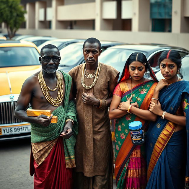 In a tense scene set beside a row of luxurious expensive cars, an African male of shorter stature is dressed in traditional attire with shimmering gold chains, confidently holding a gold bar