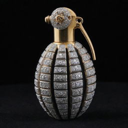 A hand grenade meticulously detailed with shining diamonds accentuating its grooves, set against a black velvet background.