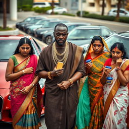 In a tense scene set beside a row of luxurious expensive cars, an African male of shorter stature is dressed in traditional attire with shimmering gold chains, confidently holding a gold bar