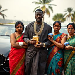 In a tense scene set beside a row of luxurious expensive cars, an African male of shorter stature is dressed in traditional attire with shimmering gold chains, confidently holding a gold bar