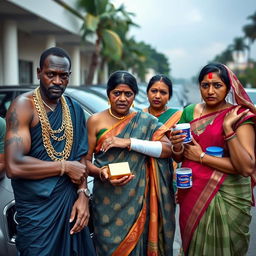 In a tense scene set beside a row of luxurious expensive cars, an African male of shorter stature is dressed in traditional attire with shimmering gold chains, confidently holding a gold bar