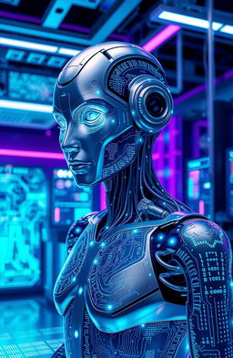A futuristic depiction of Artificial Intelligence personified as a humanoid figure made of shimmering digital code and circuit patterns