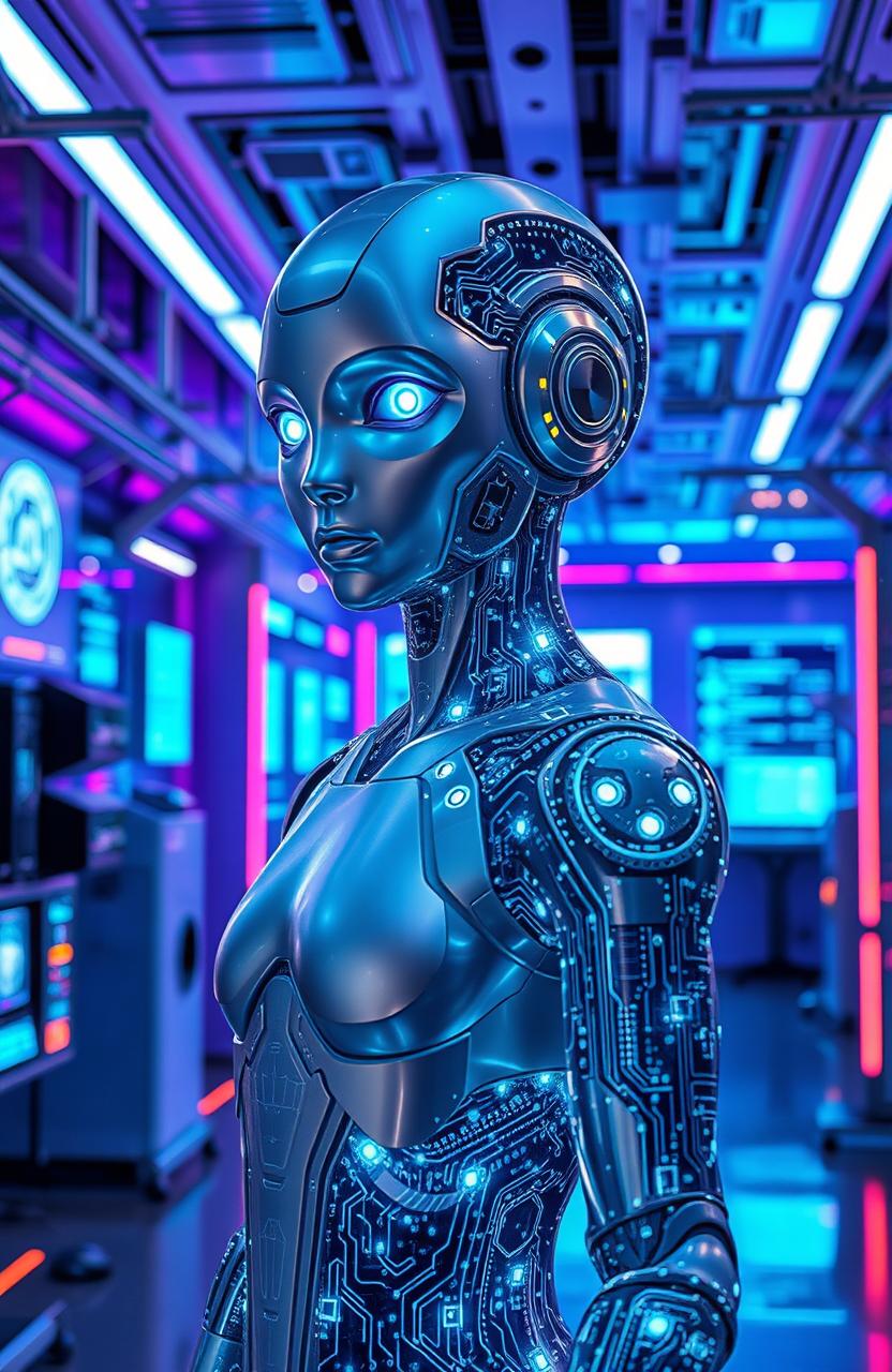 A futuristic depiction of Artificial Intelligence personified as a humanoid figure made of shimmering digital code and circuit patterns