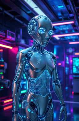 A futuristic depiction of Artificial Intelligence personified as a humanoid figure made of shimmering digital code and circuit patterns