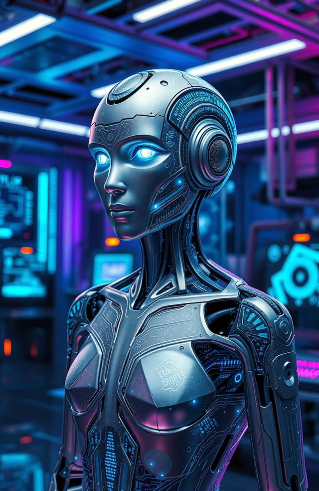 A futuristic depiction of Artificial Intelligence personified as a humanoid figure made of shimmering digital code and circuit patterns