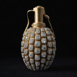 A hand grenade meticulously detailed with shining diamonds accentuating its grooves, set against a black velvet background.