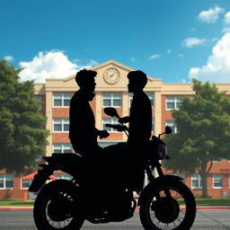 A school background with a detailed building structure, and in the foreground, two silhouettes of young men facing each other while sitting on a large motorcycle