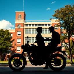 A school background with a detailed building structure, and in the foreground, two silhouettes of young men facing each other while sitting on a large motorcycle