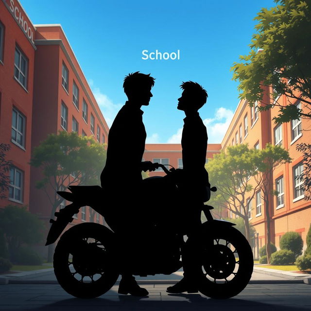 A school background with a detailed building structure, and in the foreground, two silhouettes of young men facing each other while sitting on a large motorcycle