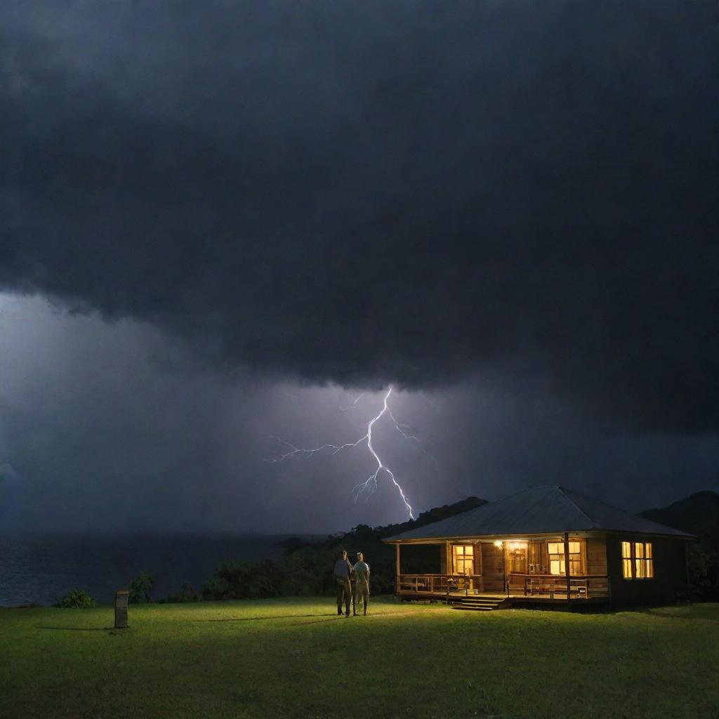 Adjust the image to showcase a sudden thunderstorm over Isla Nublar, the dark sky occasionally illuminated by flashes of lightning, casting eerie shadows inside the Visitor Center as Alan Grant and John Hammond look on.