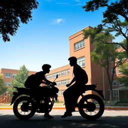 A school background with a detailed building structure, and in the foreground, two silhouettes of young men facing each other while sitting on a large motorcycle