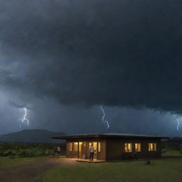 Adjust the image to showcase a sudden thunderstorm over Isla Nublar, the dark sky occasionally illuminated by flashes of lightning, casting eerie shadows inside the Visitor Center as Alan Grant and John Hammond look on.