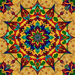 A beautifully intricate Islamic geometric pattern featuring vibrant colors such as rich blues, deep reds, and bright greens