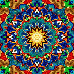 A beautifully intricate Islamic geometric pattern featuring vibrant colors such as rich blues, deep reds, and bright greens