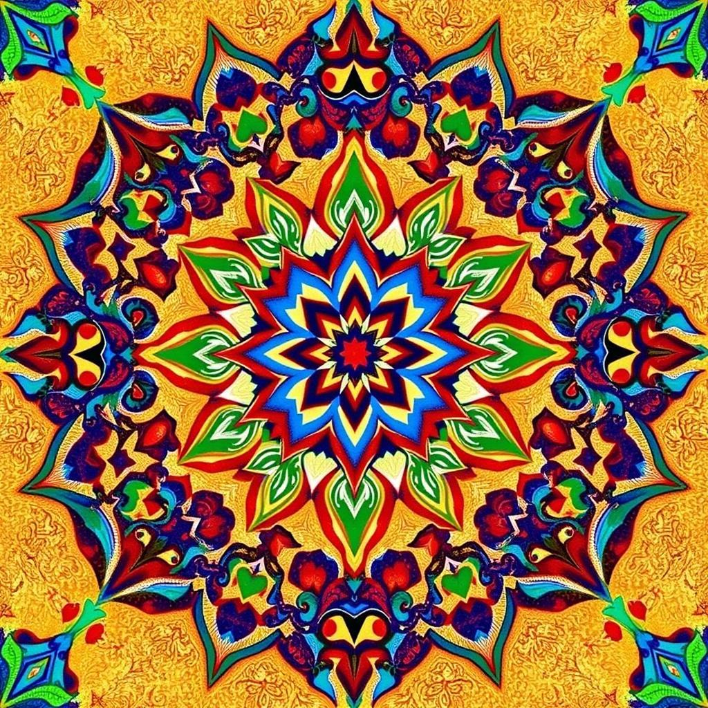 A beautifully intricate Islamic geometric pattern featuring vibrant colors such as rich blues, deep reds, and bright greens
