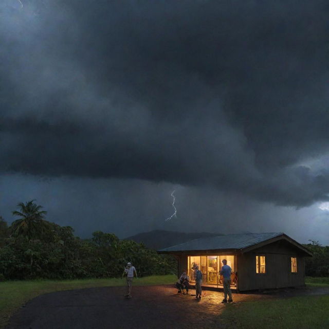 Adjust the image to showcase a sudden thunderstorm over Isla Nublar, the dark sky occasionally illuminated by flashes of lightning, casting eerie shadows inside the Visitor Center as Alan Grant and John Hammond look on.