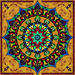 A beautifully intricate Islamic geometric pattern featuring vibrant colors such as rich blues, deep reds, and bright greens