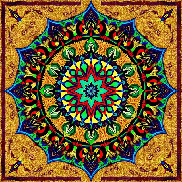 A beautifully intricate Islamic geometric pattern featuring vibrant colors such as rich blues, deep reds, and bright greens