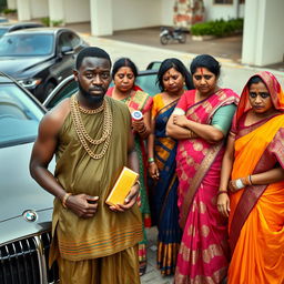 In a tense scene set beside a row of luxurious expensive cars, an African male of shorter stature is dressed in traditional attire adorned with sparkling gold chains, confidently holding a shiny gold bar