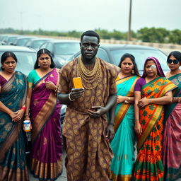 In a tense scene set beside a row of luxurious expensive cars, an African male of shorter stature is dressed in traditional attire adorned with sparkling gold chains, confidently holding a shiny gold bar