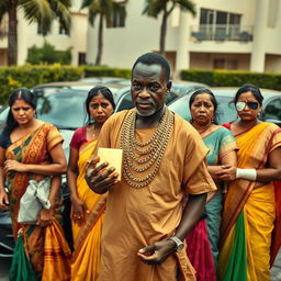 In a tense scene set beside a row of luxurious expensive cars, an African male of shorter stature is dressed in traditional attire adorned with sparkling gold chains, confidently holding a shiny gold bar