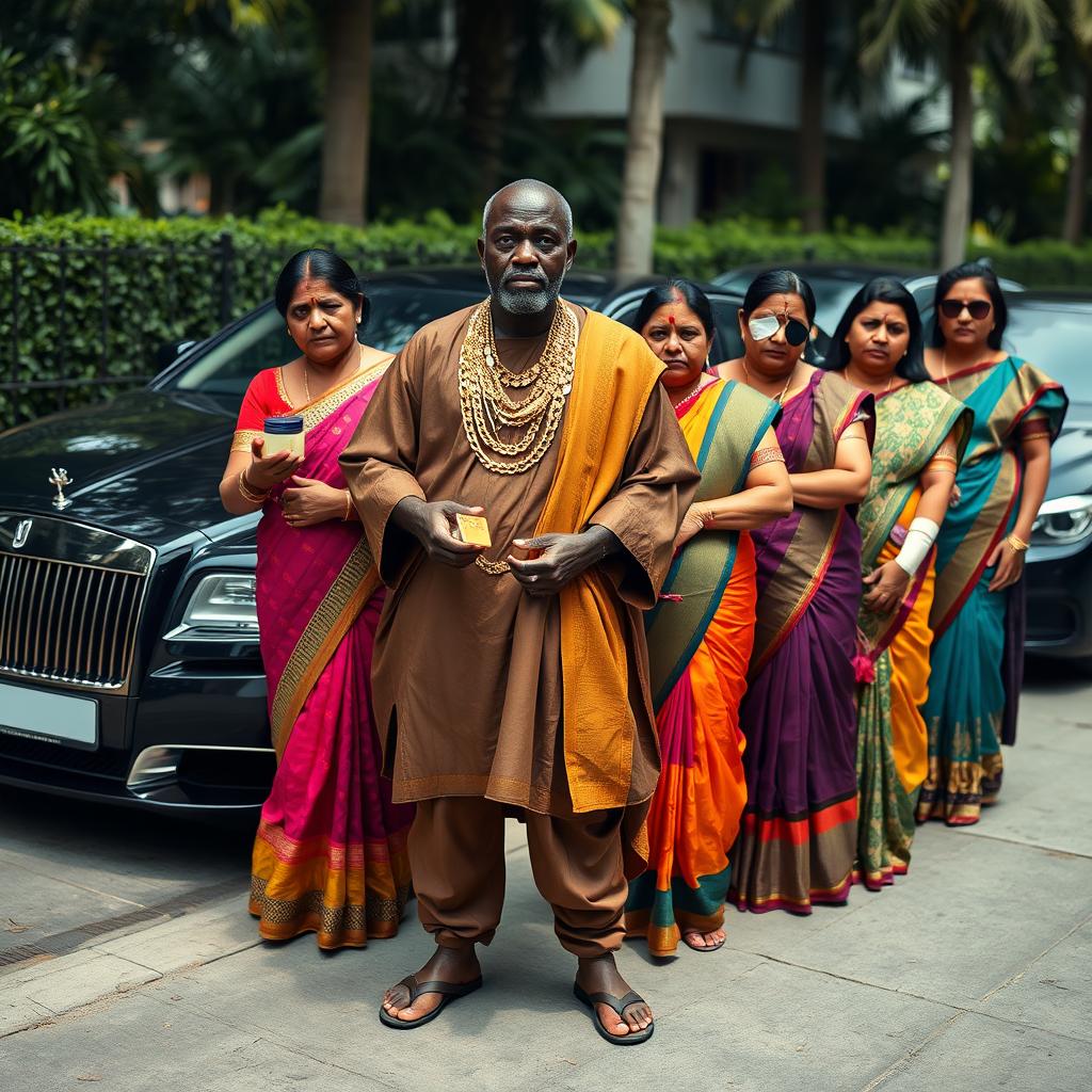 In a tense scene set beside a row of luxurious expensive cars, an African male of shorter stature is dressed in traditional attire adorned with sparkling gold chains, confidently holding a shiny gold bar