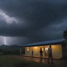 Adjust the image to showcase a sudden thunderstorm over Isla Nublar, the dark sky occasionally illuminated by flashes of lightning, casting eerie shadows inside the Visitor Center as Alan Grant and John Hammond look on.