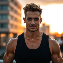 A sexy male model with an attractive, chiseled jawline, deep-set piercing blue eyes, and a confident smirk