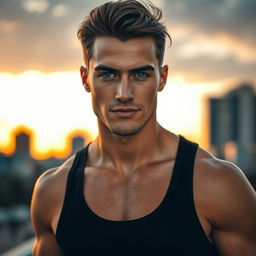 A sexy male model with an attractive, chiseled jawline, deep-set piercing blue eyes, and a confident smirk