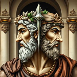 A detailed and artistic representation of Janus, the two-faced god of ancient Roman mythology