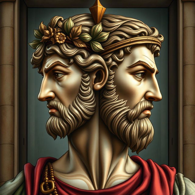 A detailed and artistic representation of Janus, the two-faced god of ancient Roman mythology