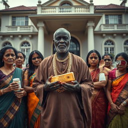 In a dramatic scene in front of an extravagant and large house, an older African male of shorter stature is wearing traditional attire complemented by shiny gold chains, confidently holding a gleaming gold bar