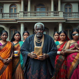 In a dramatic scene in front of an extravagant and large house, an older African male of shorter stature is wearing traditional attire complemented by shiny gold chains, confidently holding a gleaming gold bar