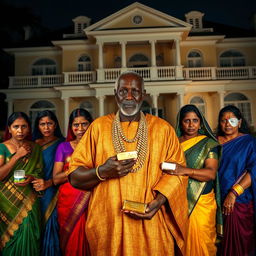 In a dramatic scene in front of an extravagant and large house, an older African male of shorter stature is wearing traditional attire complemented by shiny gold chains, confidently holding a gleaming gold bar