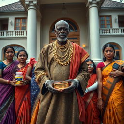 In a dramatic scene in front of an extravagant and large house, an older African male of shorter stature is wearing traditional attire complemented by shiny gold chains, confidently holding a gleaming gold bar