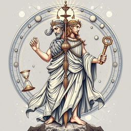A striking and intricate illustration of Janus, the two-faced god of ancient Roman mythology