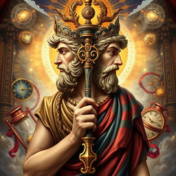 An elaborate and vivid portrayal of Janus, the two-faced god of ancient Roman mythology