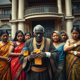In a dramatic scene outside an extravagant large house, an older African male of shorter stature is dressed in traditional attire, ornamented with gleaming gold chains and confidently holding a shiny gold bar