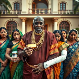 In a dramatic scene outside an extravagant large house, an older African male of shorter stature is dressed in traditional attire, ornamented with gleaming gold chains and confidently holding a shiny gold bar