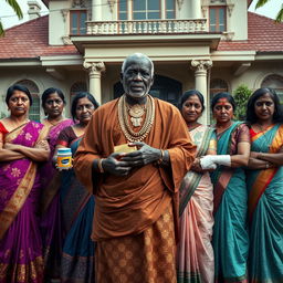 In a dramatic scene outside an extravagant large house, an older African male of shorter stature is dressed in traditional attire, ornamented with gleaming gold chains and confidently holding a shiny gold bar