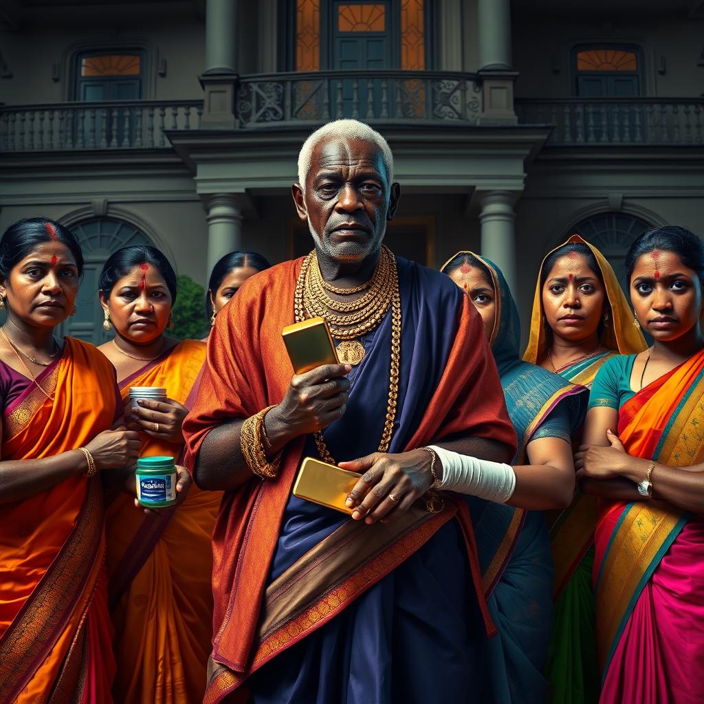 In a dramatic scene outside an extravagant large house, an older African male of shorter stature is dressed in traditional attire, ornamented with gleaming gold chains and confidently holding a shiny gold bar