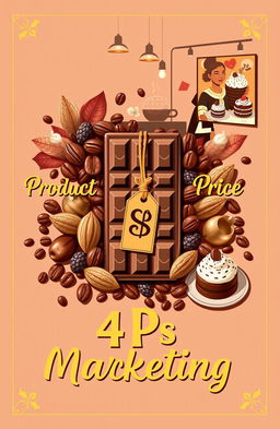 A visually engaging cover page that creatively illustrates the 4 Ps of Marketing (Product, Price, Place, Promotion) using chocolate as the central theme