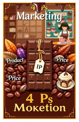 A visually engaging cover page that creatively illustrates the 4 Ps of Marketing (Product, Price, Place, Promotion) using chocolate as the central theme