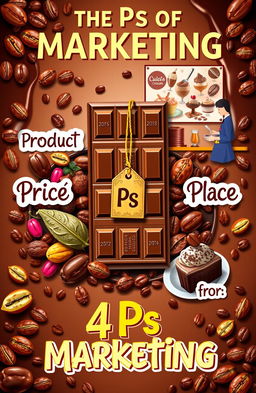 A visually engaging cover page that creatively illustrates the 4 Ps of Marketing (Product, Price, Place, Promotion) using chocolate as the central theme