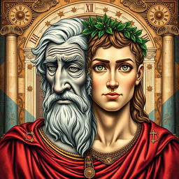 An intricate and visually striking portrayal of Janus, the two-faced god of ancient Roman mythology