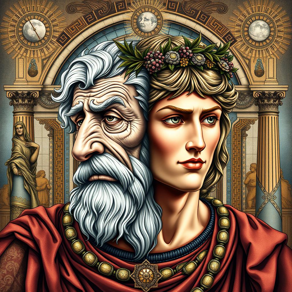 An intricate and visually striking portrayal of Janus, the two-faced god of ancient Roman mythology