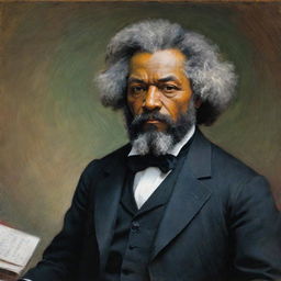 In Claude Monet's style, illustrate Frederick Douglass engaged in a dynamic debate. His determined stance and fervent oration are rendered in vivid, impressionistic strokes, capturing the audience's attention and the atmospheric energy of the discourse.